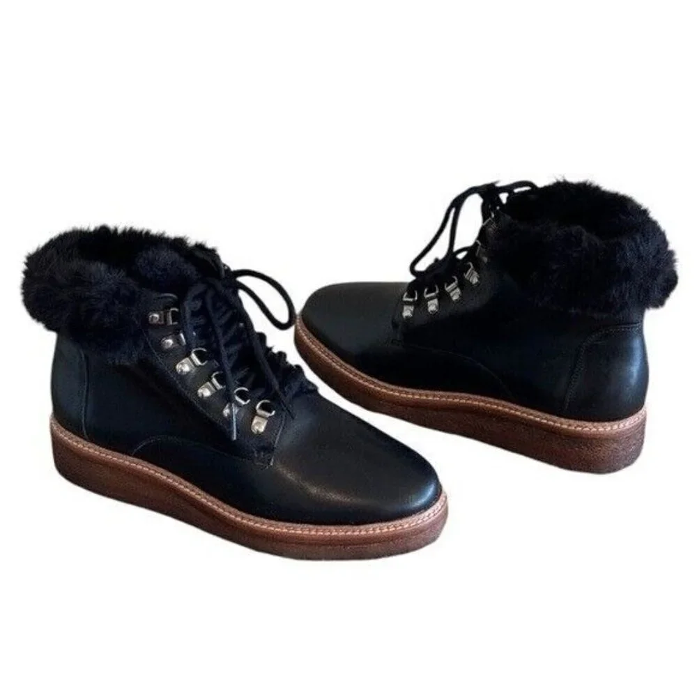 BOTKIER Winter Hiking Boots Faux Fur Collar Black Leather